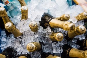 Wine bottles in a bowl of ice